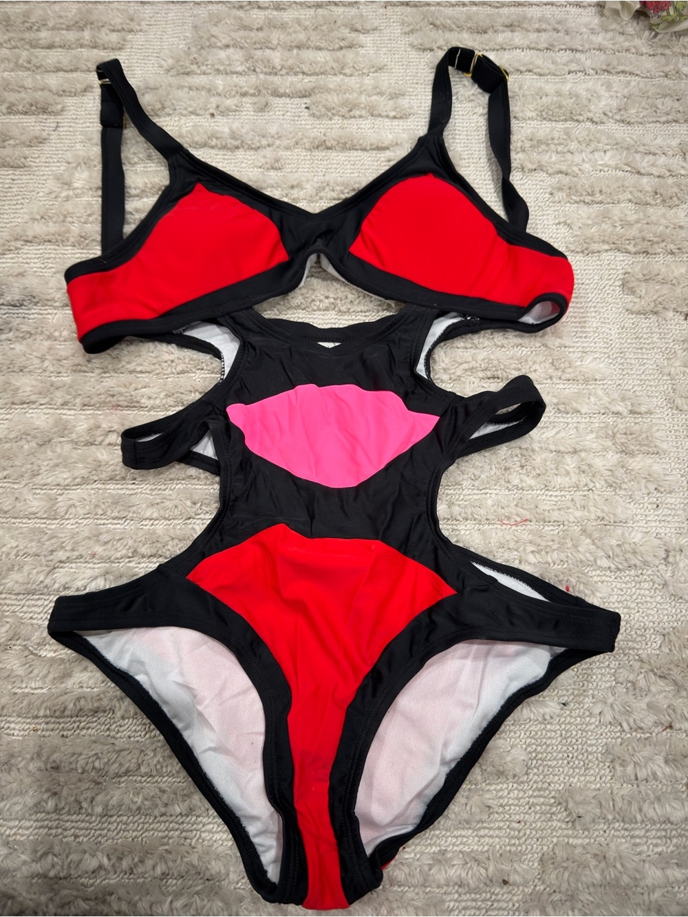 New Black Cutout One-Piece Swimsuit with Red & Pink Accents